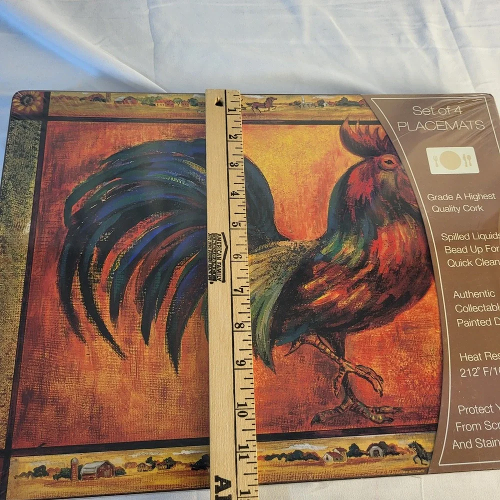 New 4 pc Cork backed placemat set, Painting of Tuscan Rooster 15.75